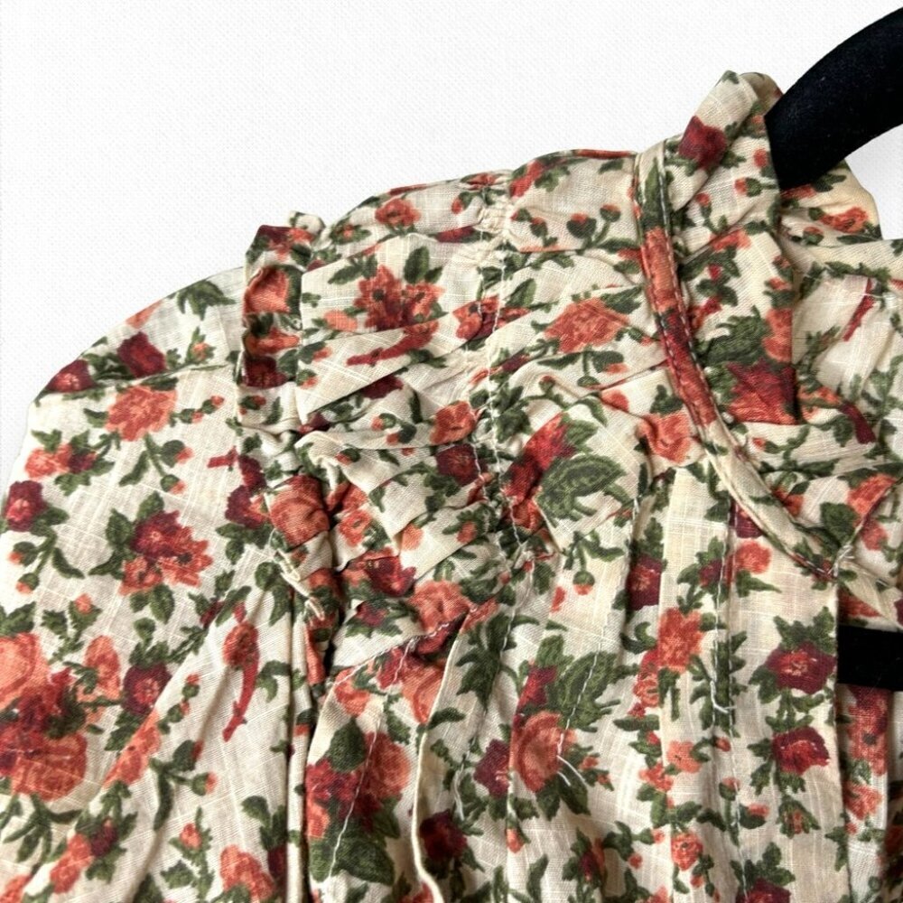 Floral Tie-Neck Puff Sleeve Blouse - Cream & Rust - Picture 8 of 12